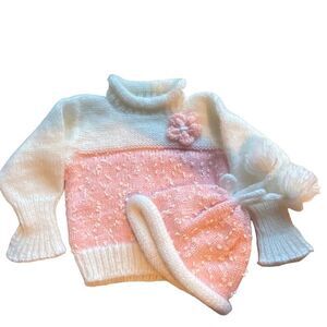 Vintage Handmade Baby/Toddler Pink and White Sweater with Matching Cap NWOT